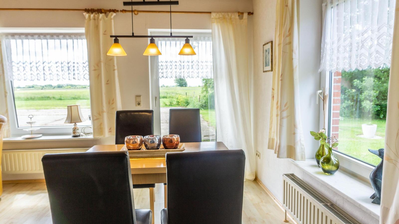 Esstisch mit vier Stühlen, Fenster mit Blick auf Grünflächen und Vorhänge.