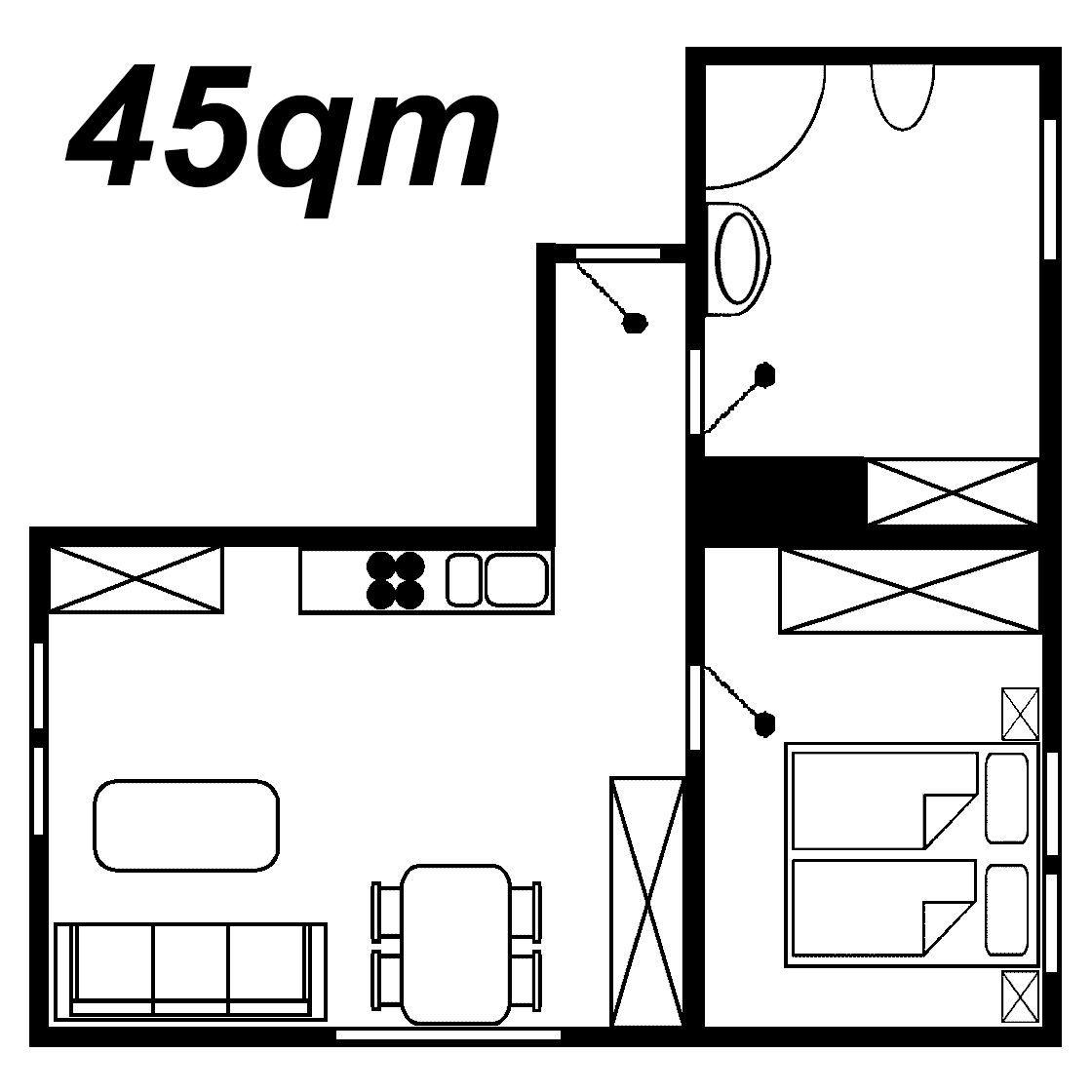 45qm Wohnung mit Küche, Wohnbereich und Schlafzimmer. Dusche und Bad sind vorhanden.