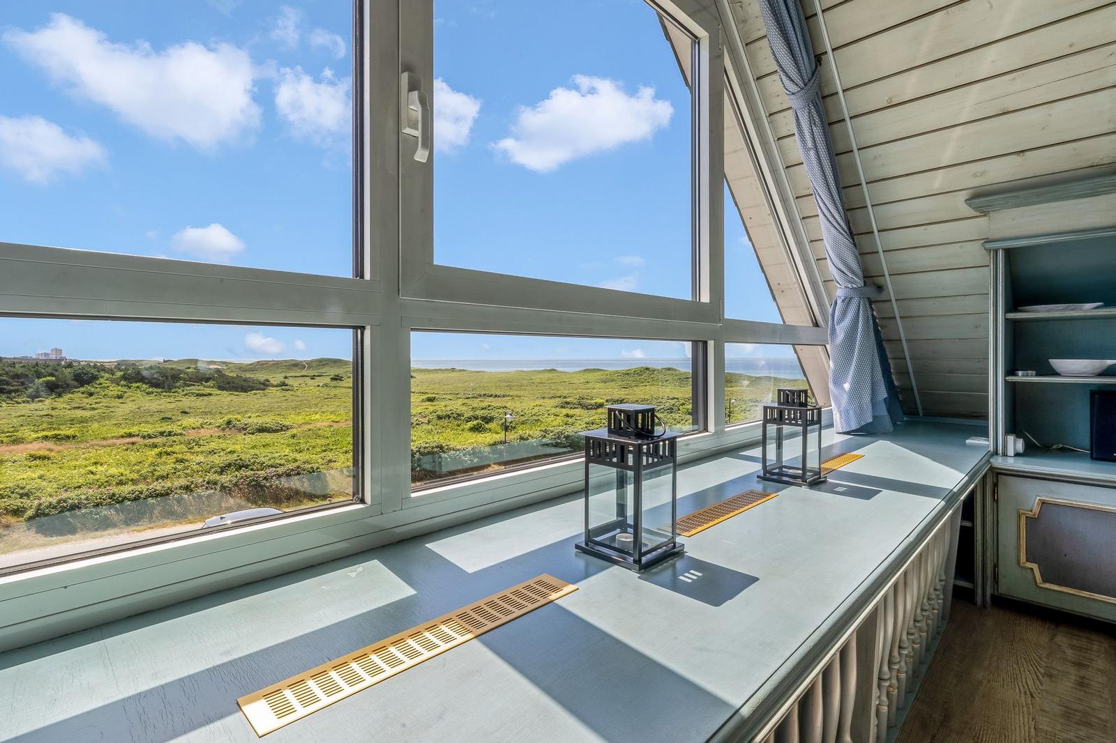 Großes Fenster mit Blick auf Grasland und Meer. Holzverkleidung und Fensterbank mit Lüftungsschlitzen.