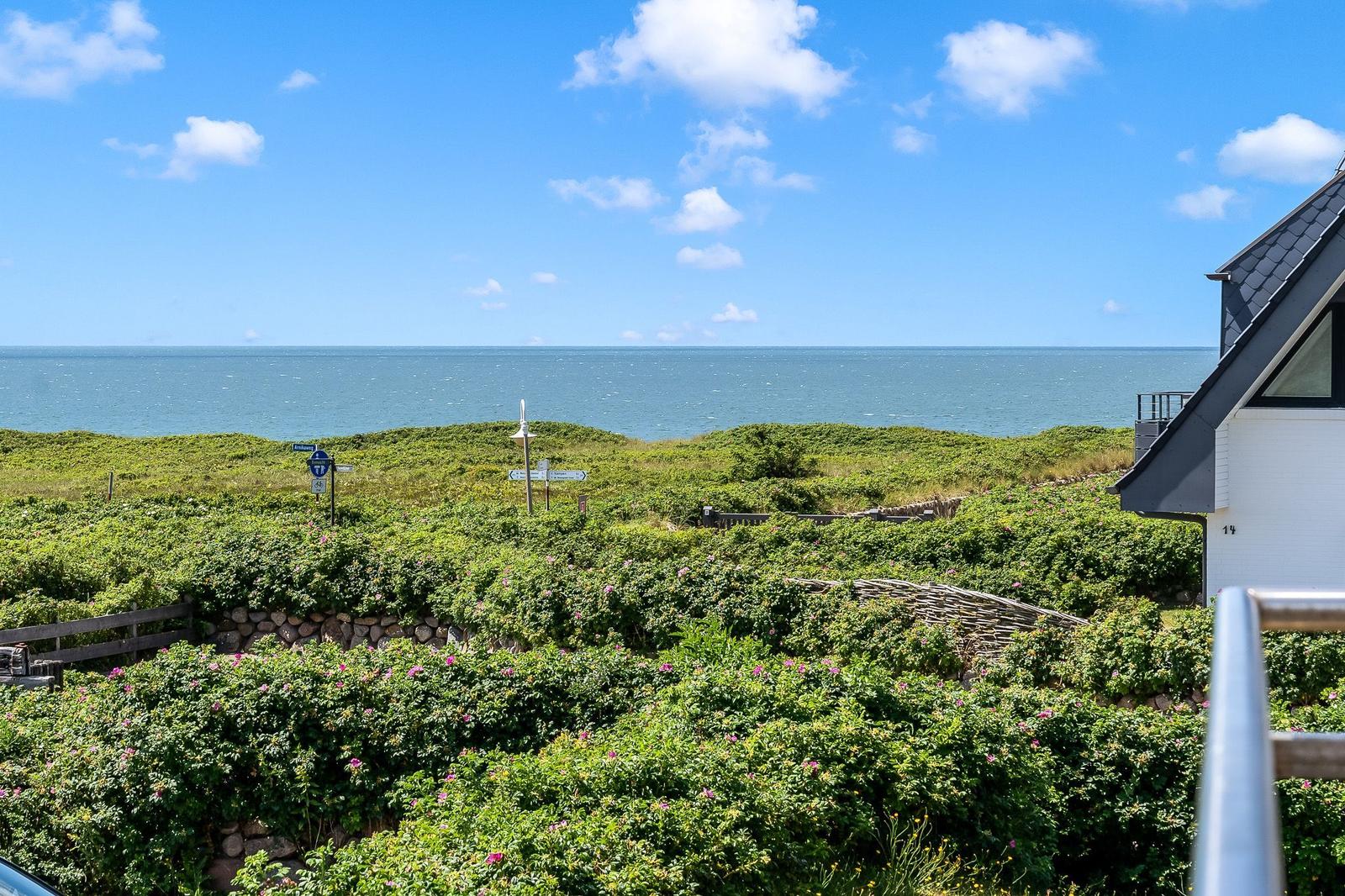 Weitläufiger Blick auf das Meer hinter grünen Dünen und einem weißen Haus mit grauem Dach.
