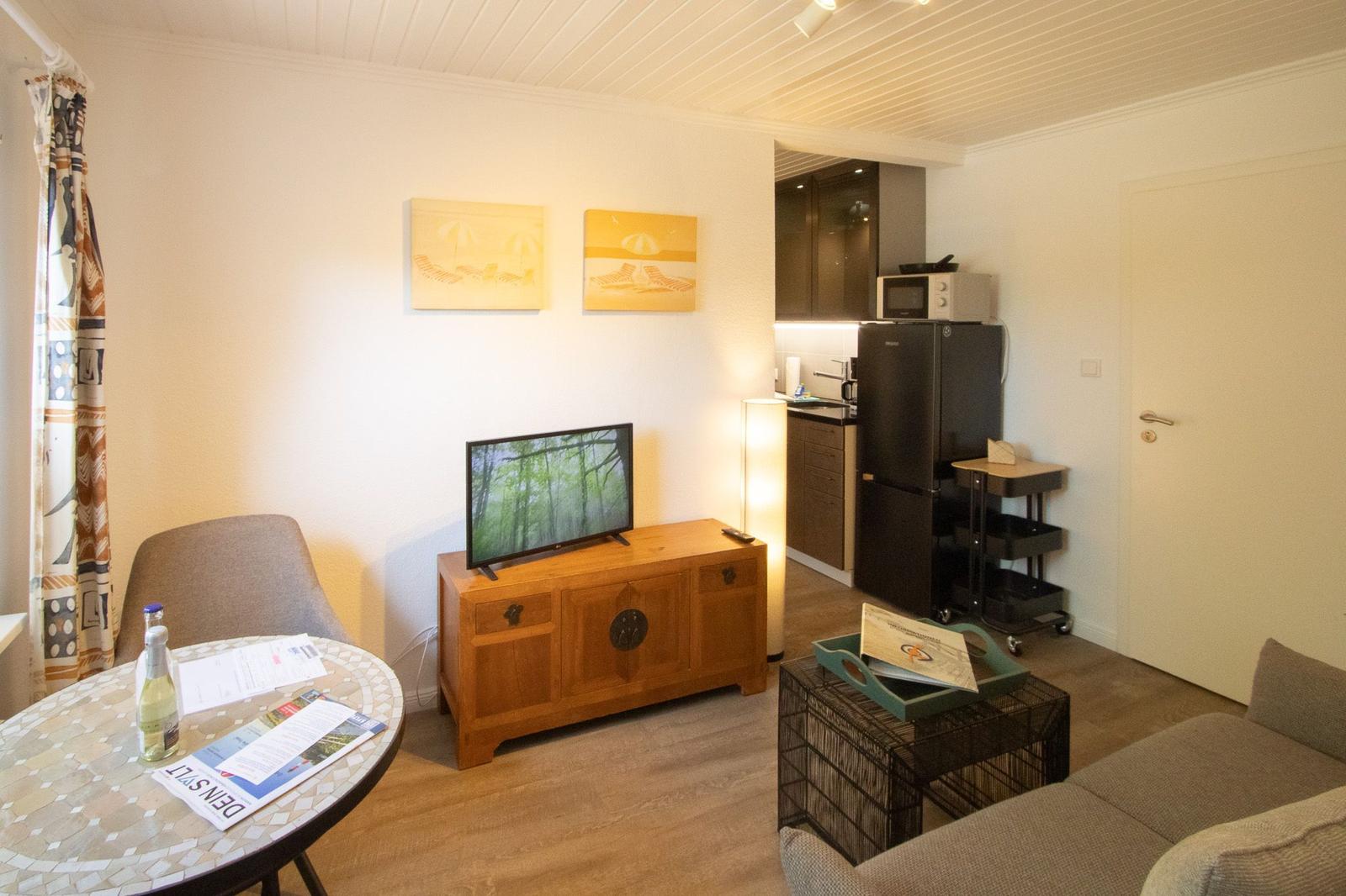 Living area with sofa, TV, and kitchen area