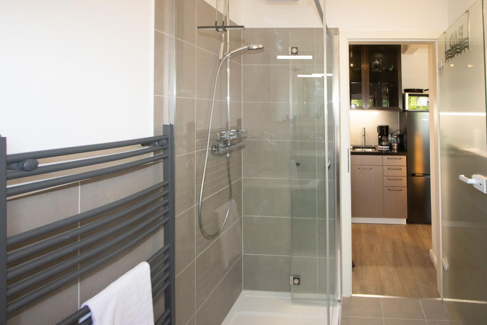 Shower with glass enclosure, heated towel rack, and view into the kitchen.