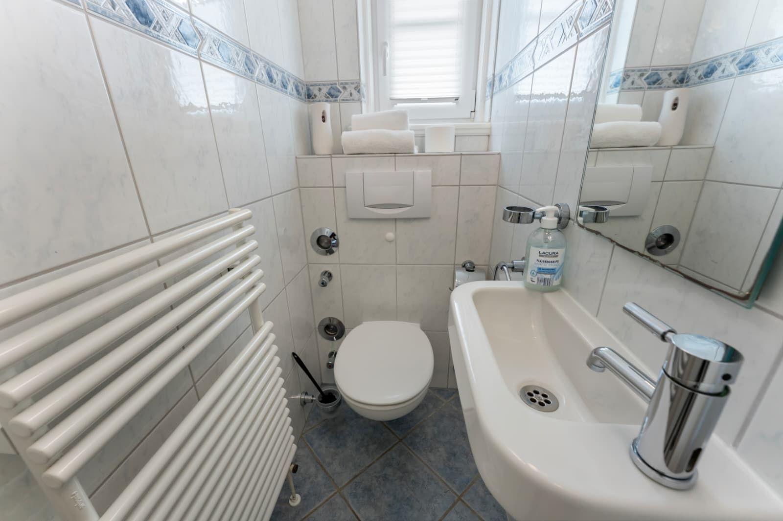 Badezimmer mit Toilette, Waschbecken und Heizung. Fliesenwand mit blauem Mosaikstreifen.