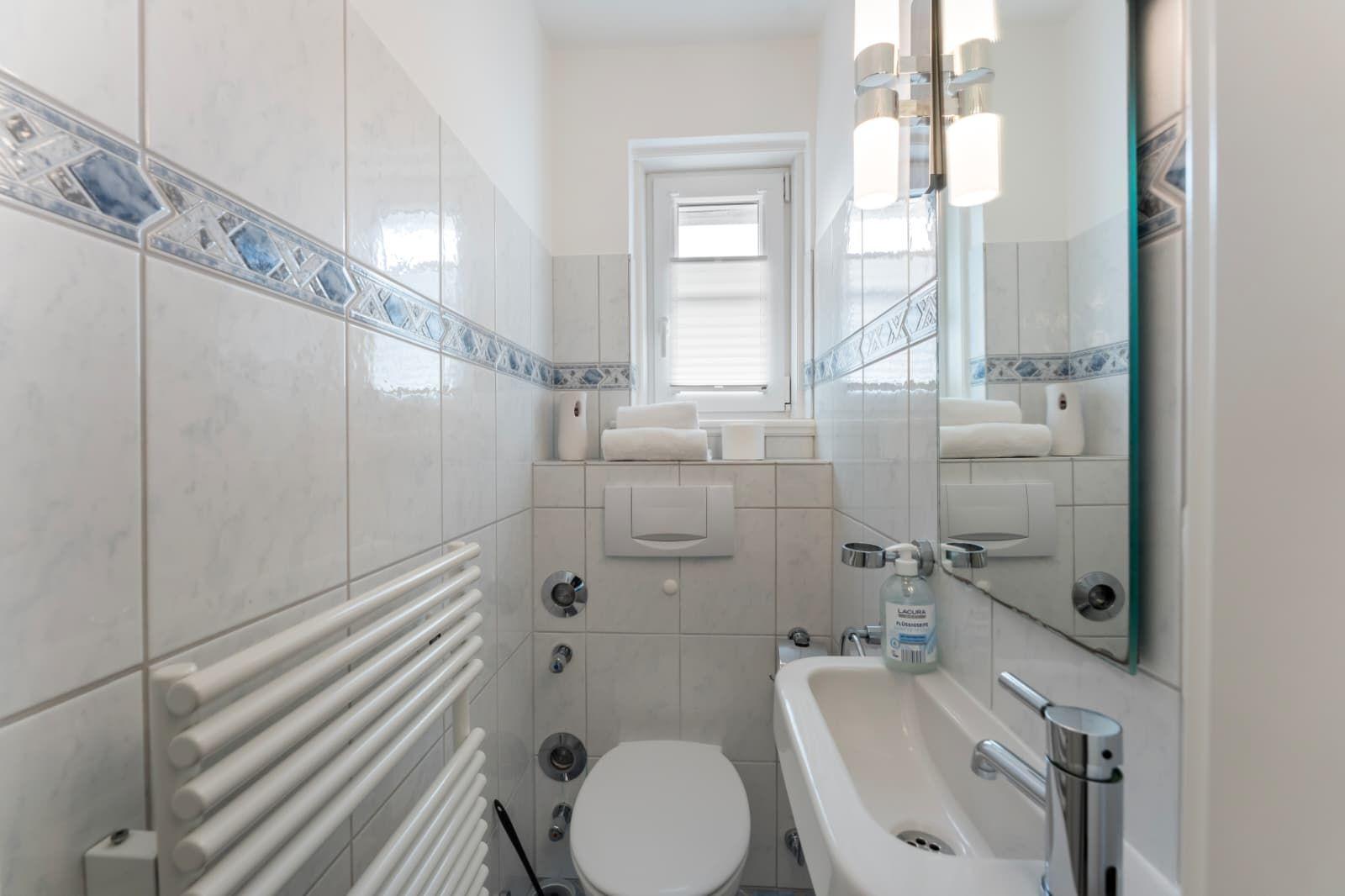 Bathroom with toilet, sink, and radiator on the wall.