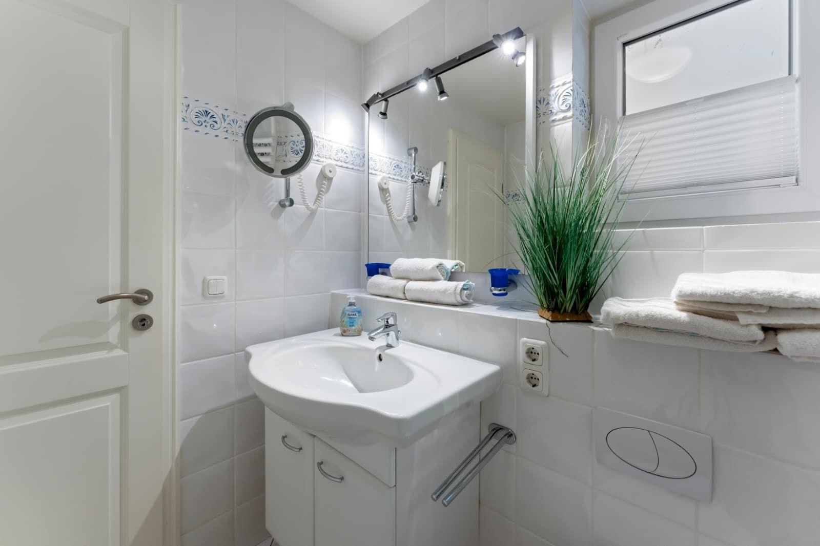 Bathroom with sink, mirror, and plant. Towels and shower fixture are available.