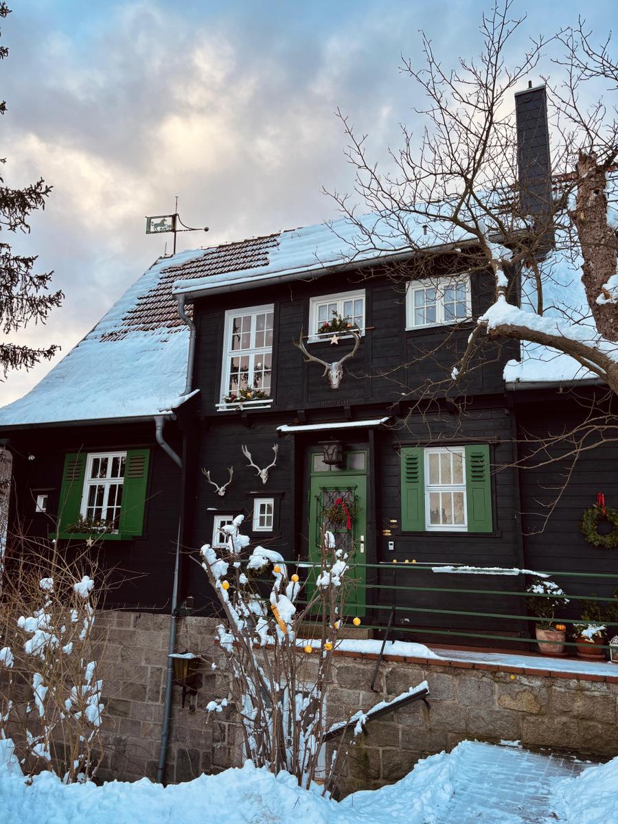 Schwarzes Holzhaus mit grüner Tür und Fensterläden, Schnee auf Dach und Boden, Hirschgeweih an der Fassade.