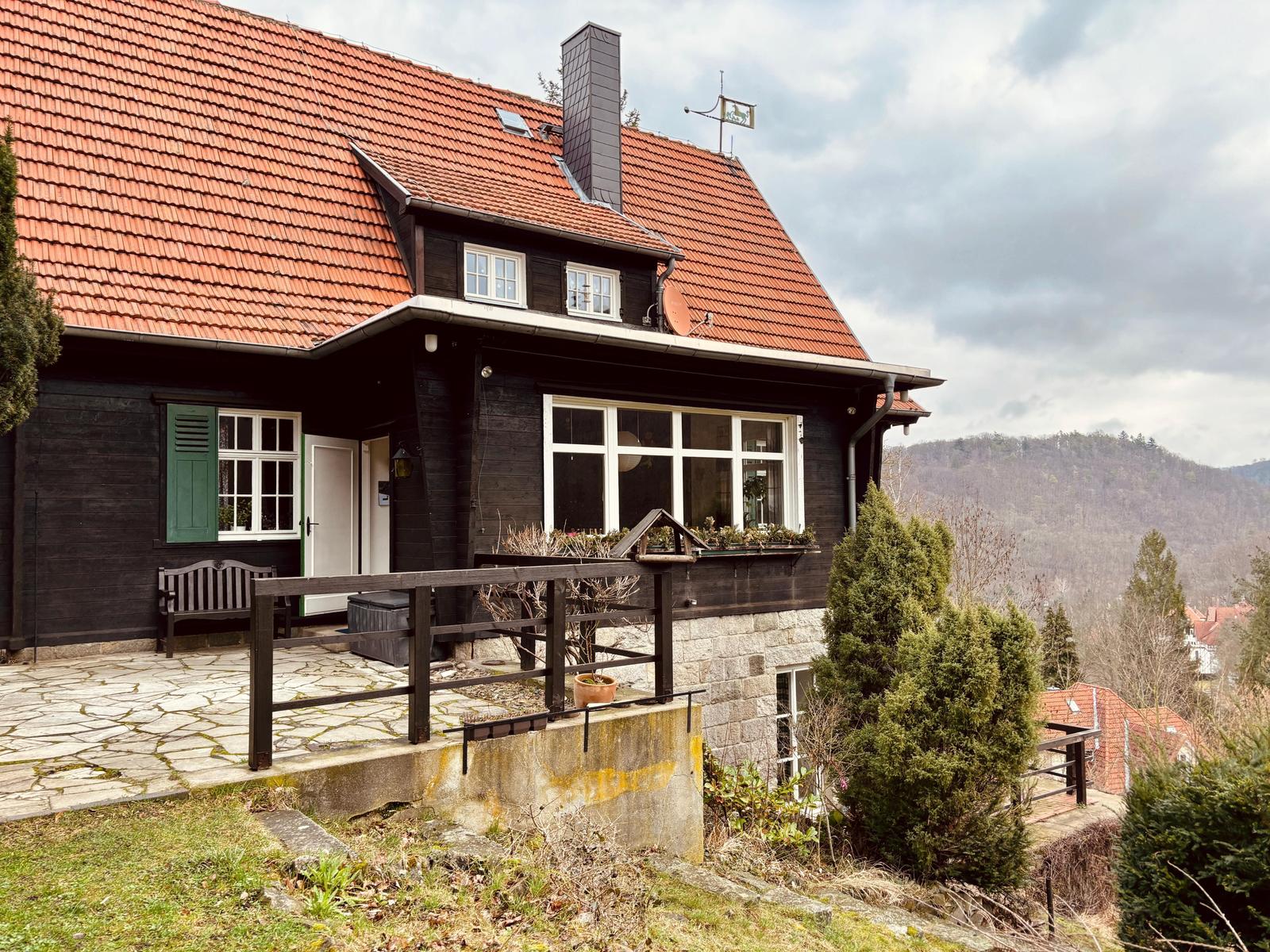 Schwarzes Holzhaus mit rotem Dach und Balkon, Blick auf bewaldete Berge.