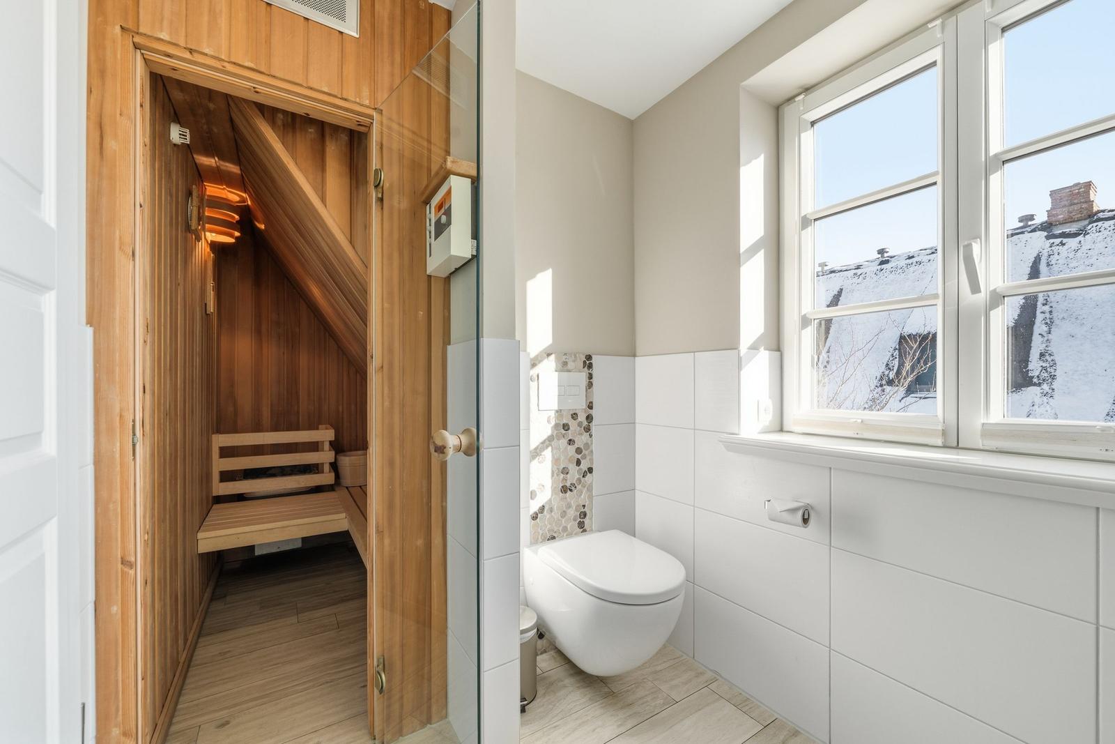 Bad mit Toilette und Sauna. Fenster zeigt verschneite Dächer.