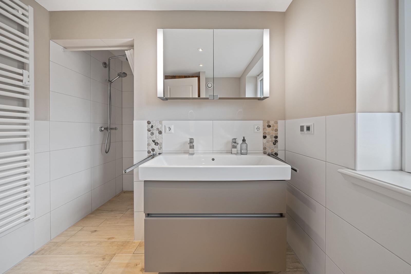 Badezimmer mit Dusche, Waschbecken und Spiegelschrank.