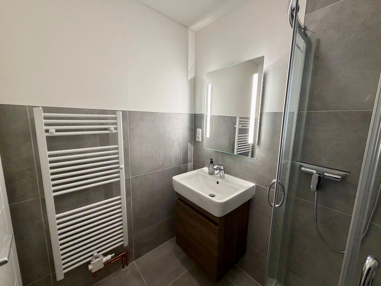 Bathroom with shower, sink, and heater.