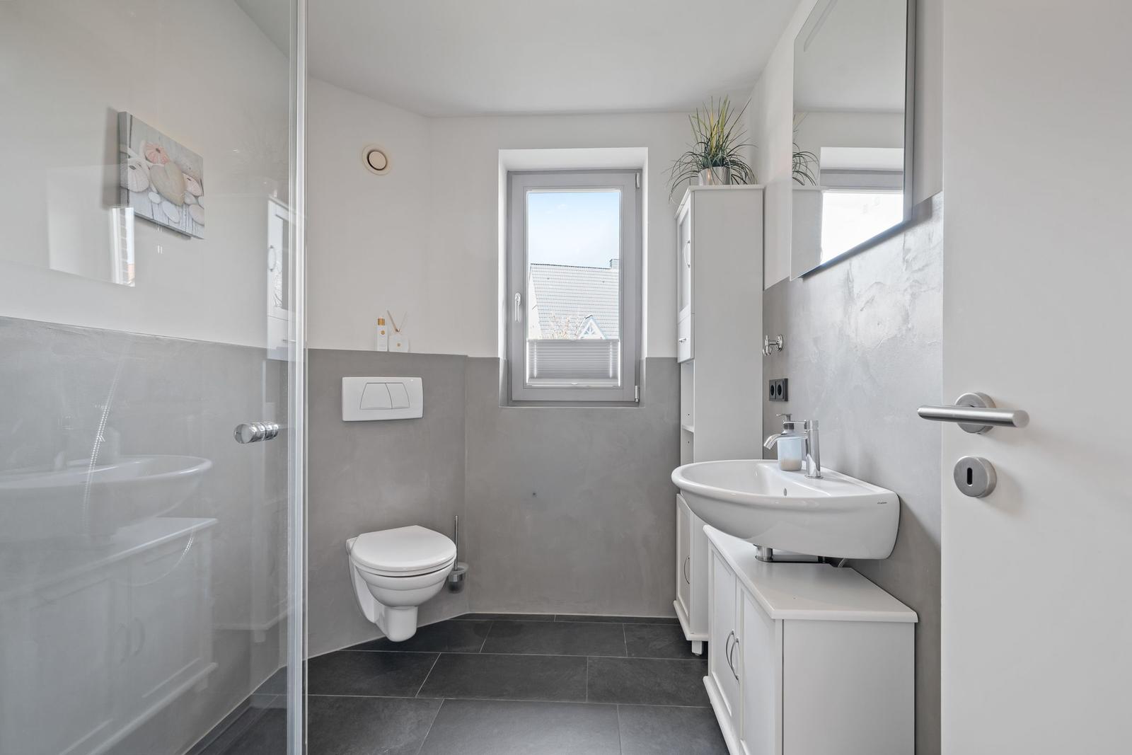 Badezimmer mit Dusche, Waschbecken und Toilette. Fenster, Pflanze und Spiegel sichtbar.