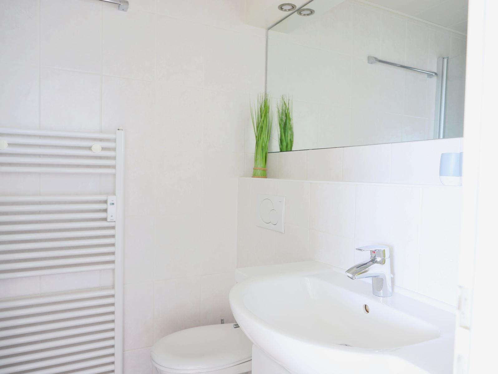 Badezimmer mit Waschbecken, Spiegel, Toilette und Heizkörper.