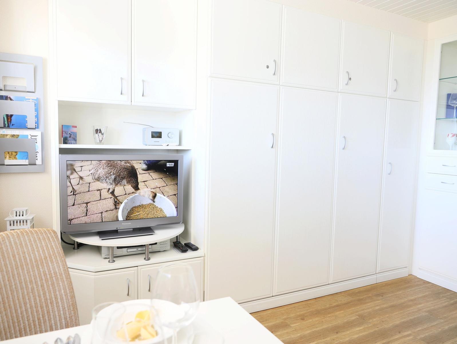 Wohnzimmer mit Fernseher, weißen Schränken und Holzboden. Auf dem Bildschirm ist ein Tier zu sehen.