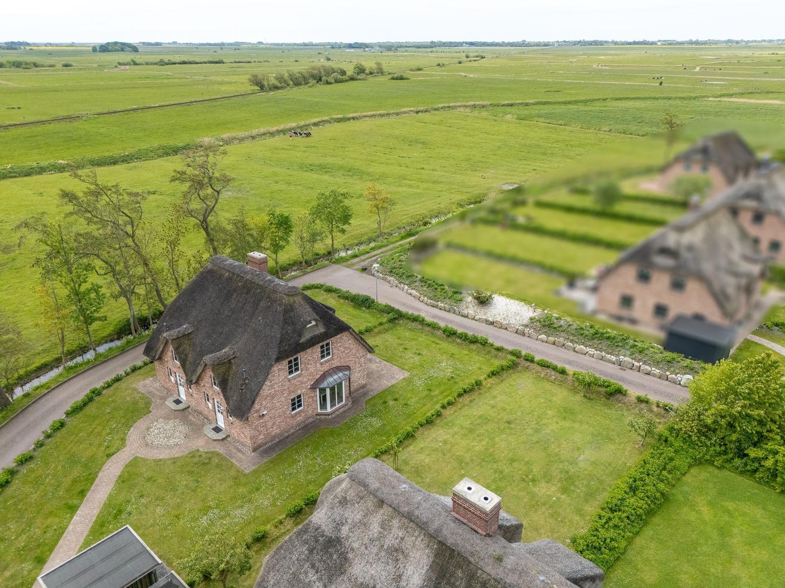 Dorfhaus mit Strohdach und Garten in grüner Landschaft