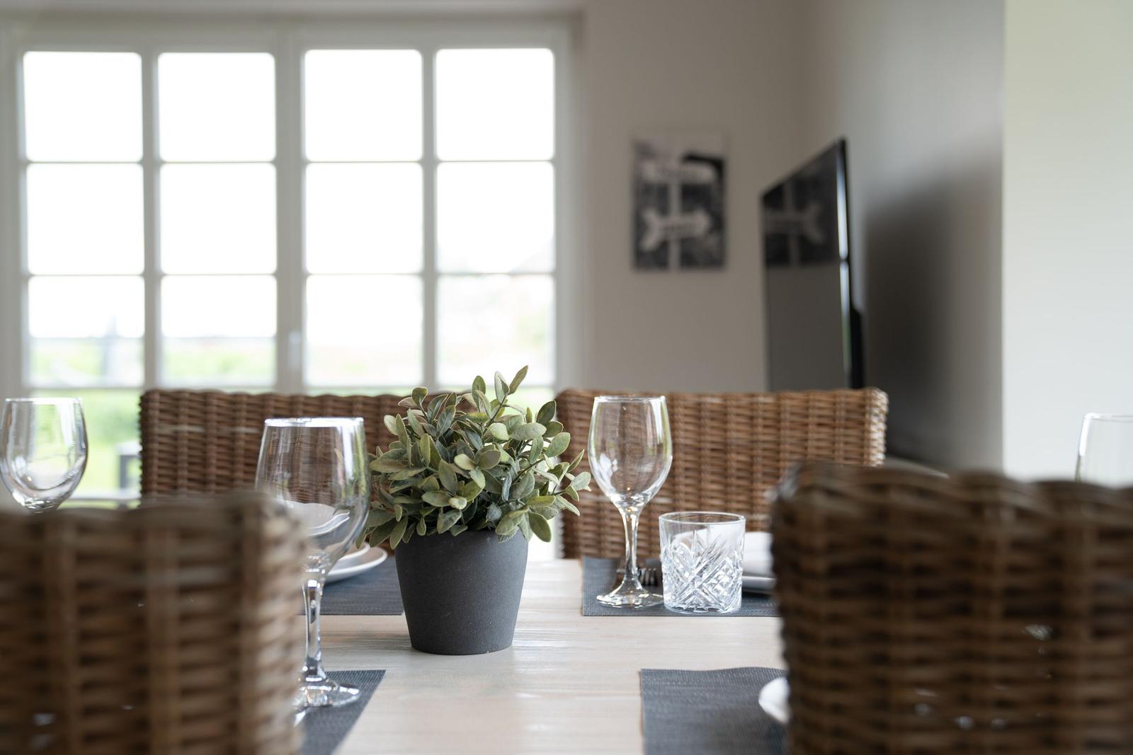 Esstisch mit Stühlen, Gläsern und Pflanze vor Fenster