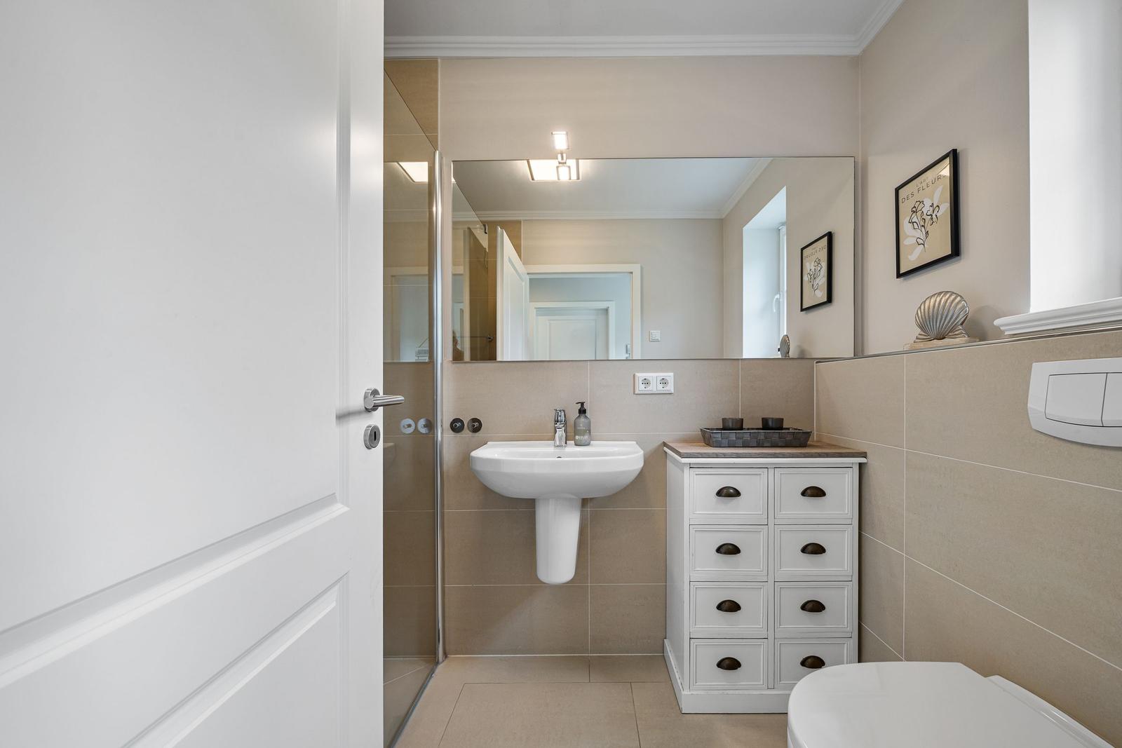 Badezimmer mit Waschbecken, Spiegelschrank und Dusche
