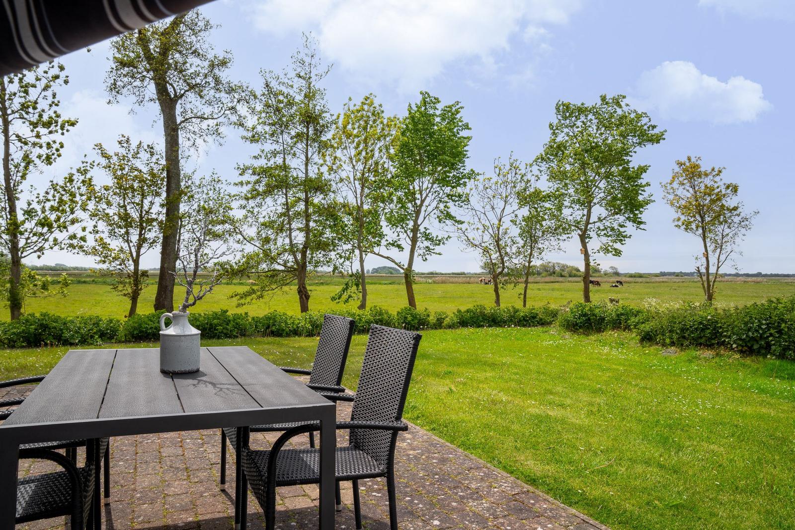 Terrasse mit Tisch und Stühlen. Blick auf grünes Feld und Bäume.