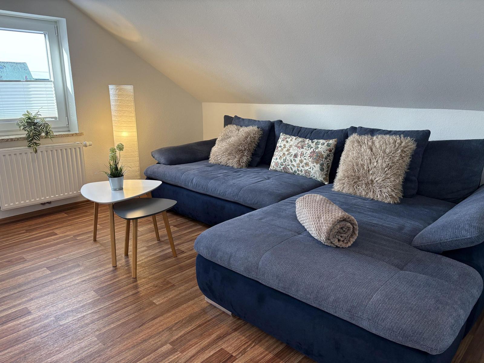 Ein Wohnzimmer mit blauem Sofa, Tisch und Lampe. Holzfußboden und Fenster mit Jalousie.