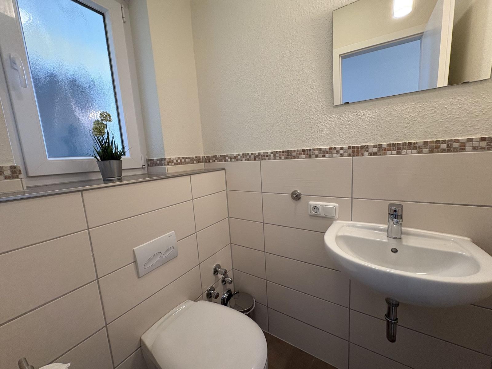 Badezimmer mit Waschbecken, Spiegel, Toilette und Fenster mit Pflanze.