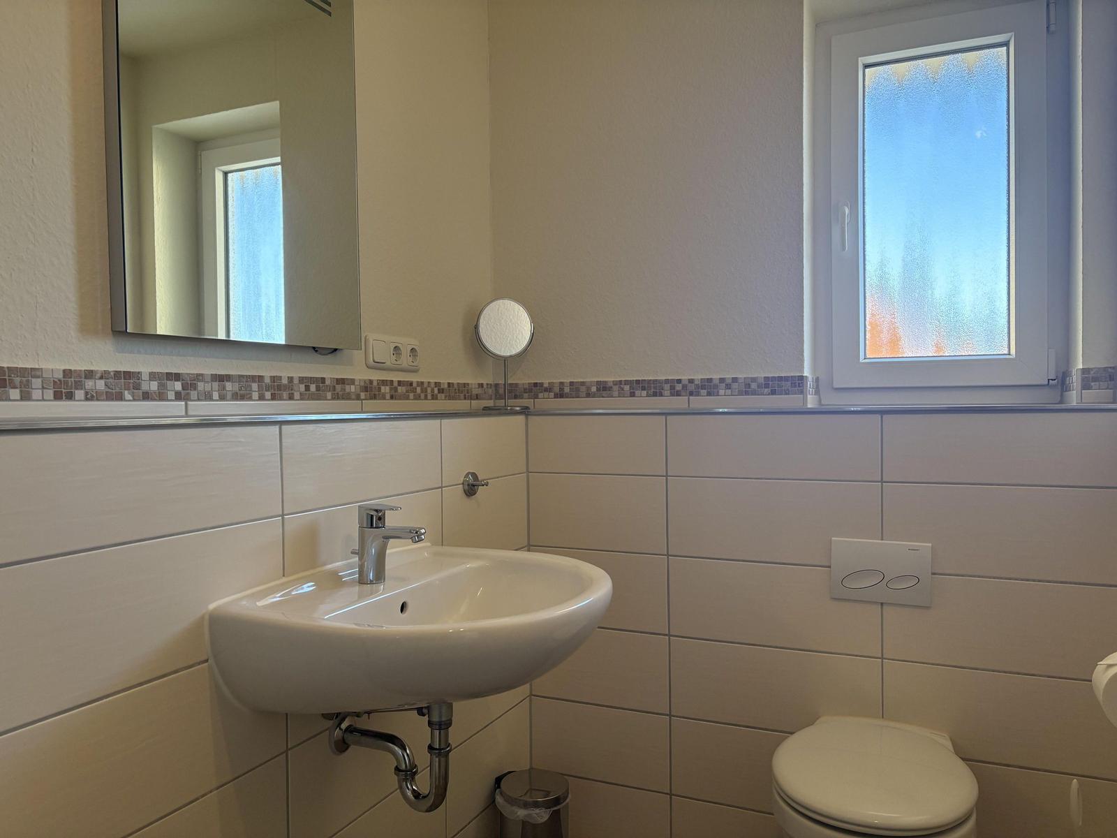 Badezimmer mit Waschbecken, Spiegel, Toilette und Fenster mit getöntem Glas.