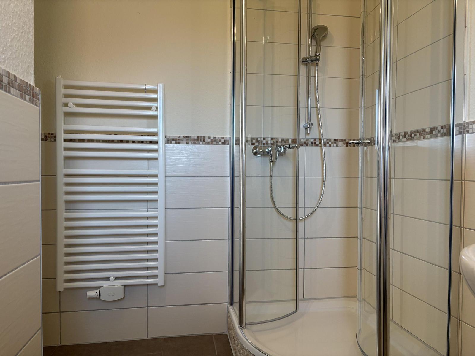 Bad mit Duschkabine und Heizkörper an der Wand.