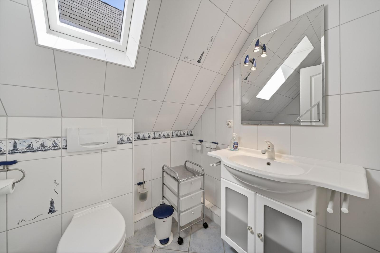 Badezimmer mit Toilette, Waschbecken und Dachfenster. Wandfliesen mit Segelyacht-Motiv.