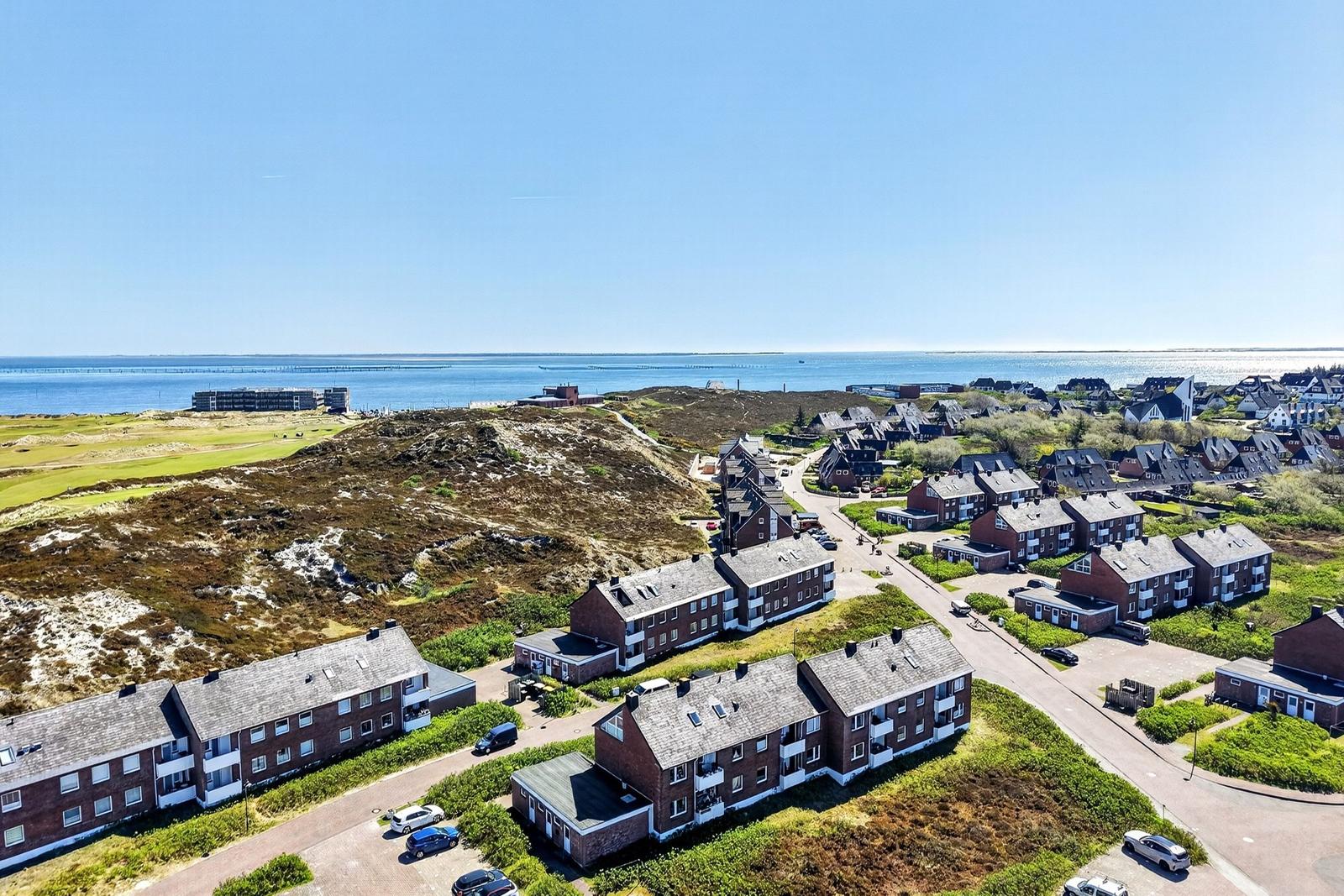 Aerial view of residential area near coastal waters with houses and greenery.