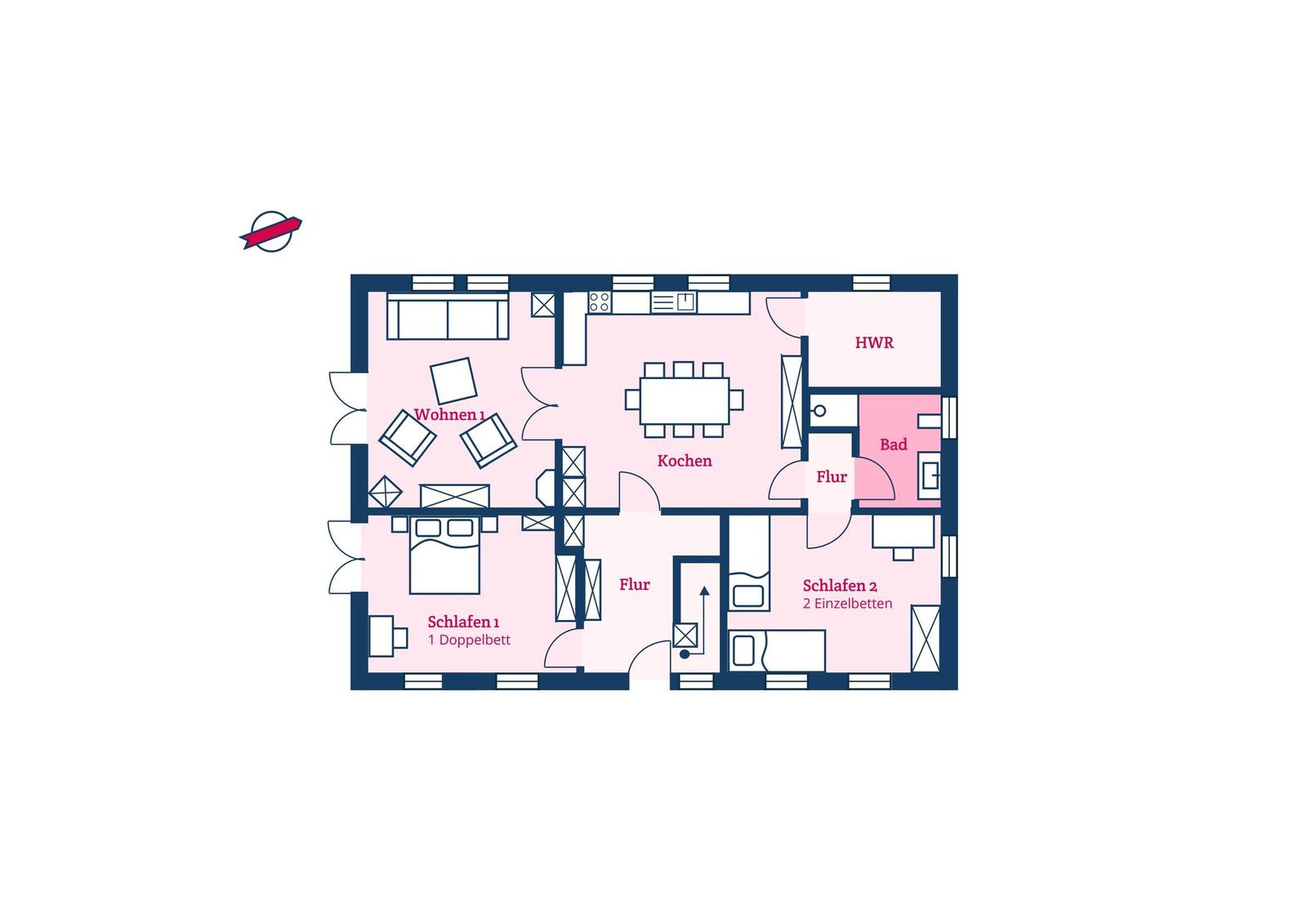 Wohnung mit Wohnzimmer, Küche, Schlafzimmer und Bad. Flur und HWR sind ebenfalls vorhanden.