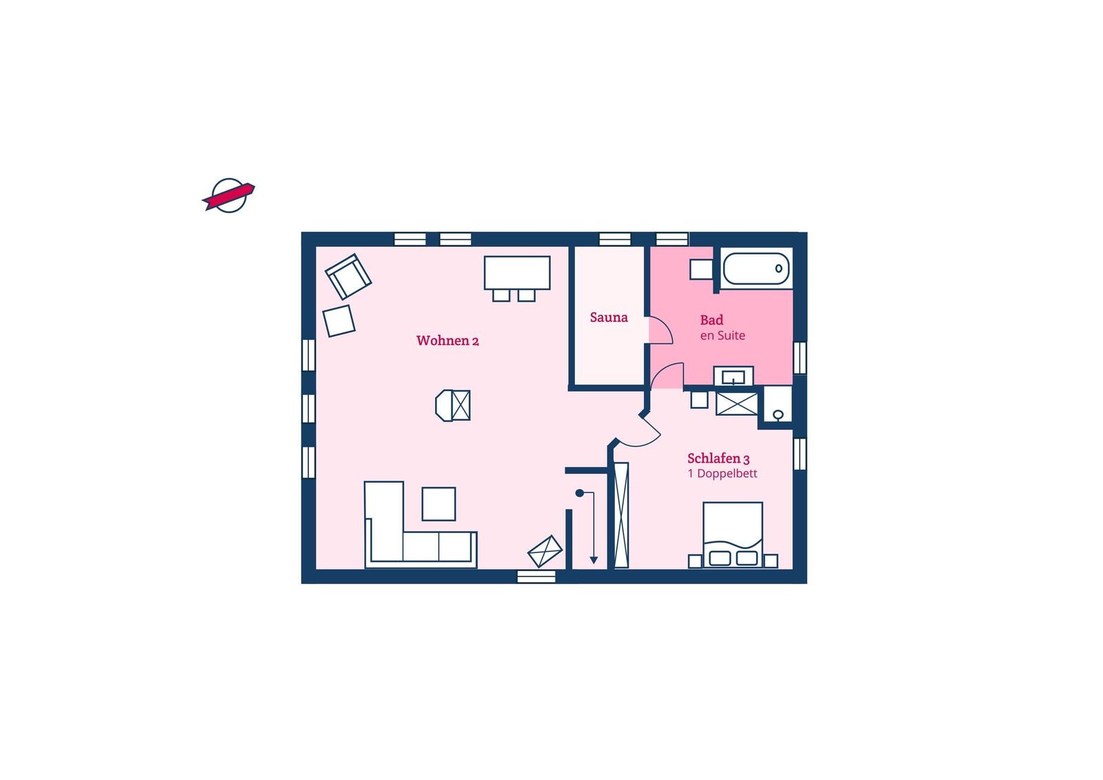 Wohnung mit Sauna, Suite-Bad und Schlafzimmer mit Doppelbett.