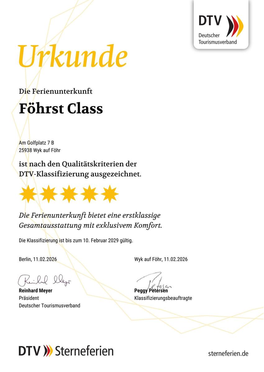 Das Föhrst Class am Südstrand wurde vom Deutschen Tourismusverband mit 5 von 5 möglichen Sternen ausgezeichnet!
