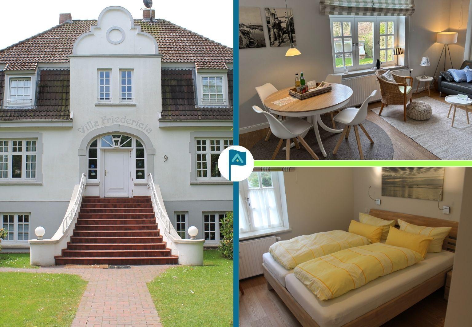 Villa mit Terrasse, Essbereich und Schlafzimmer mit Doppelbett.