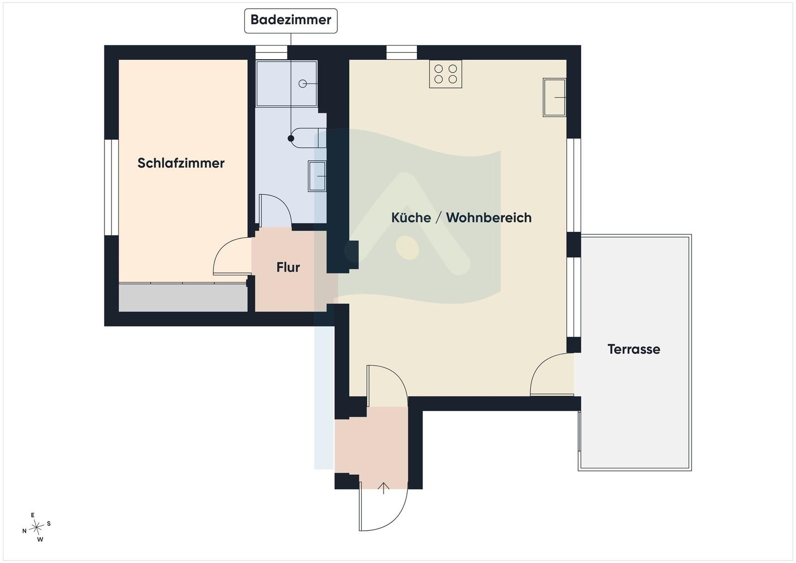Wohnung mit Schlafzimmer, Küche/Wohnbereich, Badezimmer und Terrasse.