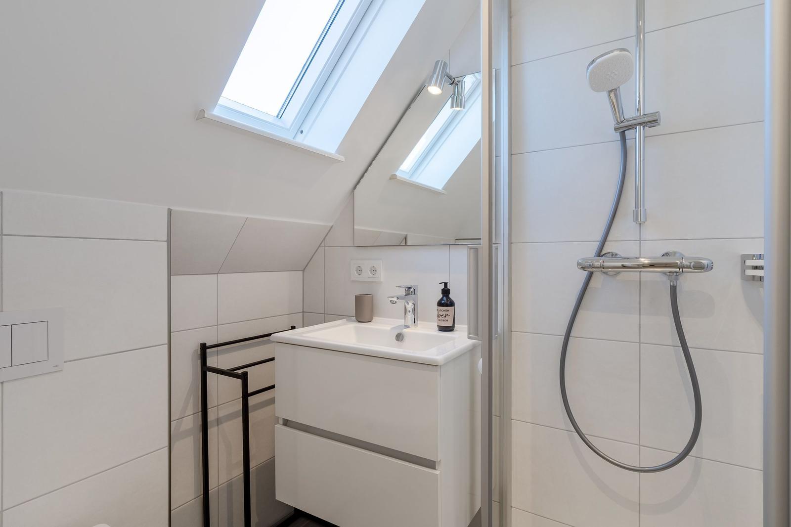 Badezimmer mit Dusche, Waschbecken und Dachfenster.