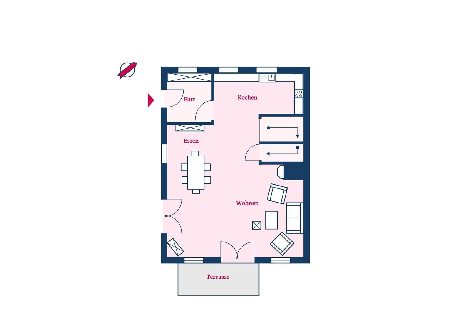 Die Wohnung hat eine Küche, Esszimmer, Wohnzimmer, Flur und eine Terrasse.