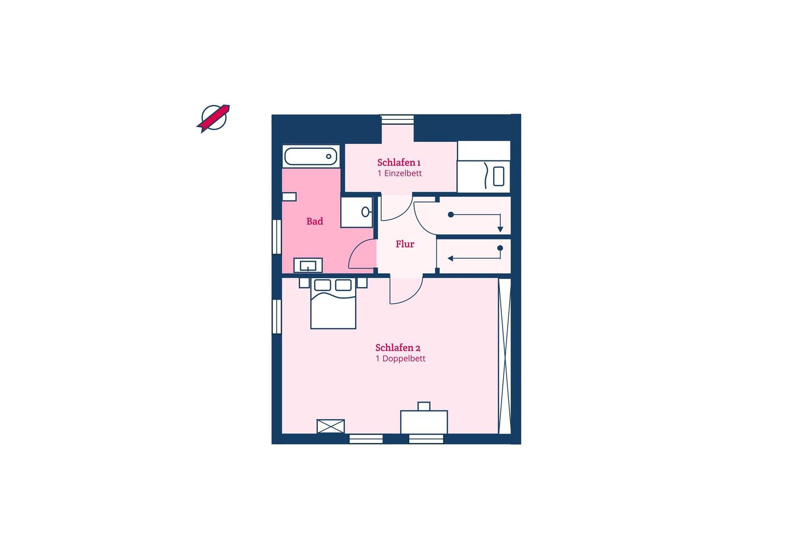 Wohnung mit zwei Schlafzimmern, Bad und Flur. Ein Zimmer mit Einzelbett, das andere mit Doppelbett.