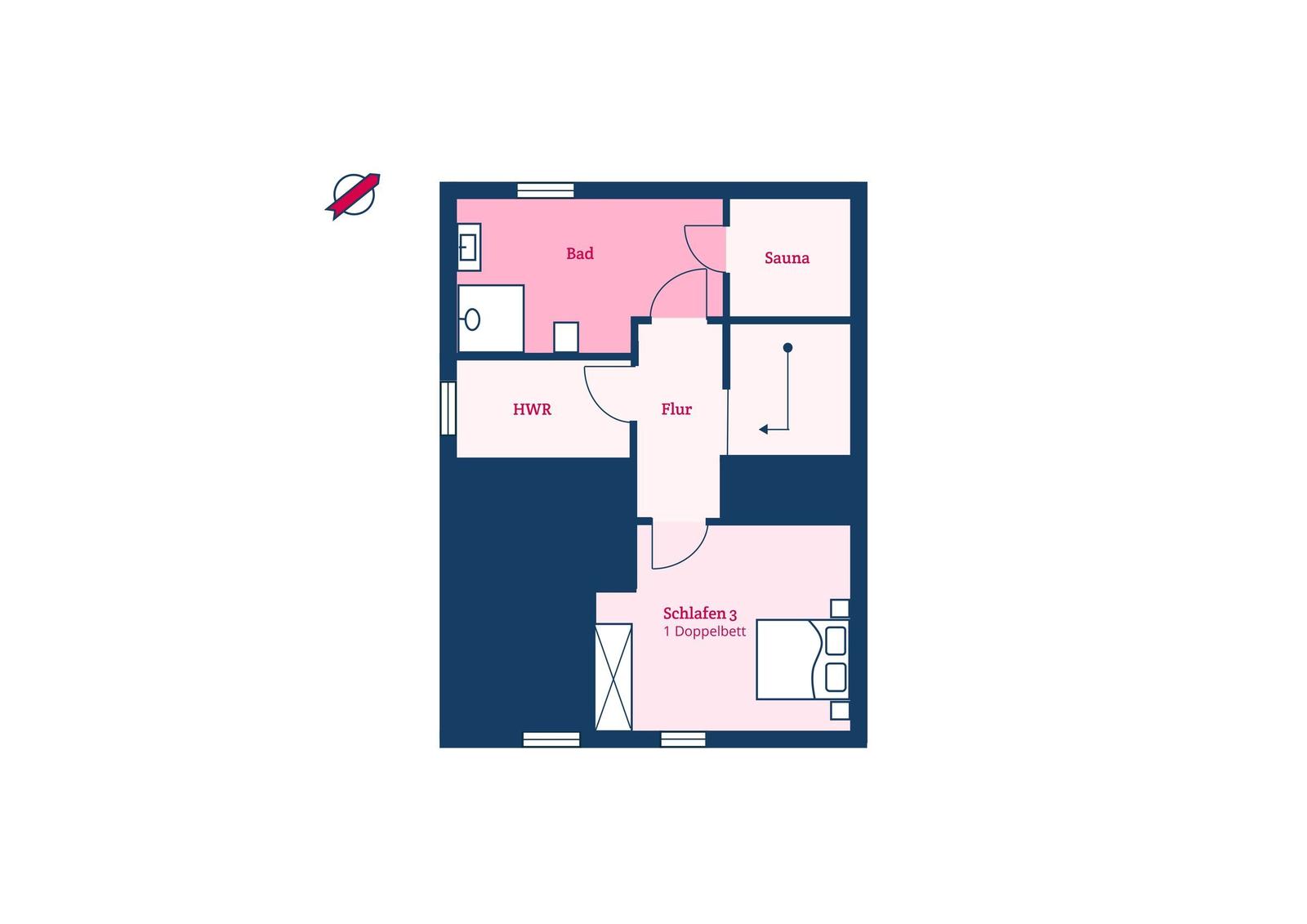Dieses Apartment hat ein Schlafzimmer, ein Bad, eine Sauna und einen Flur.
