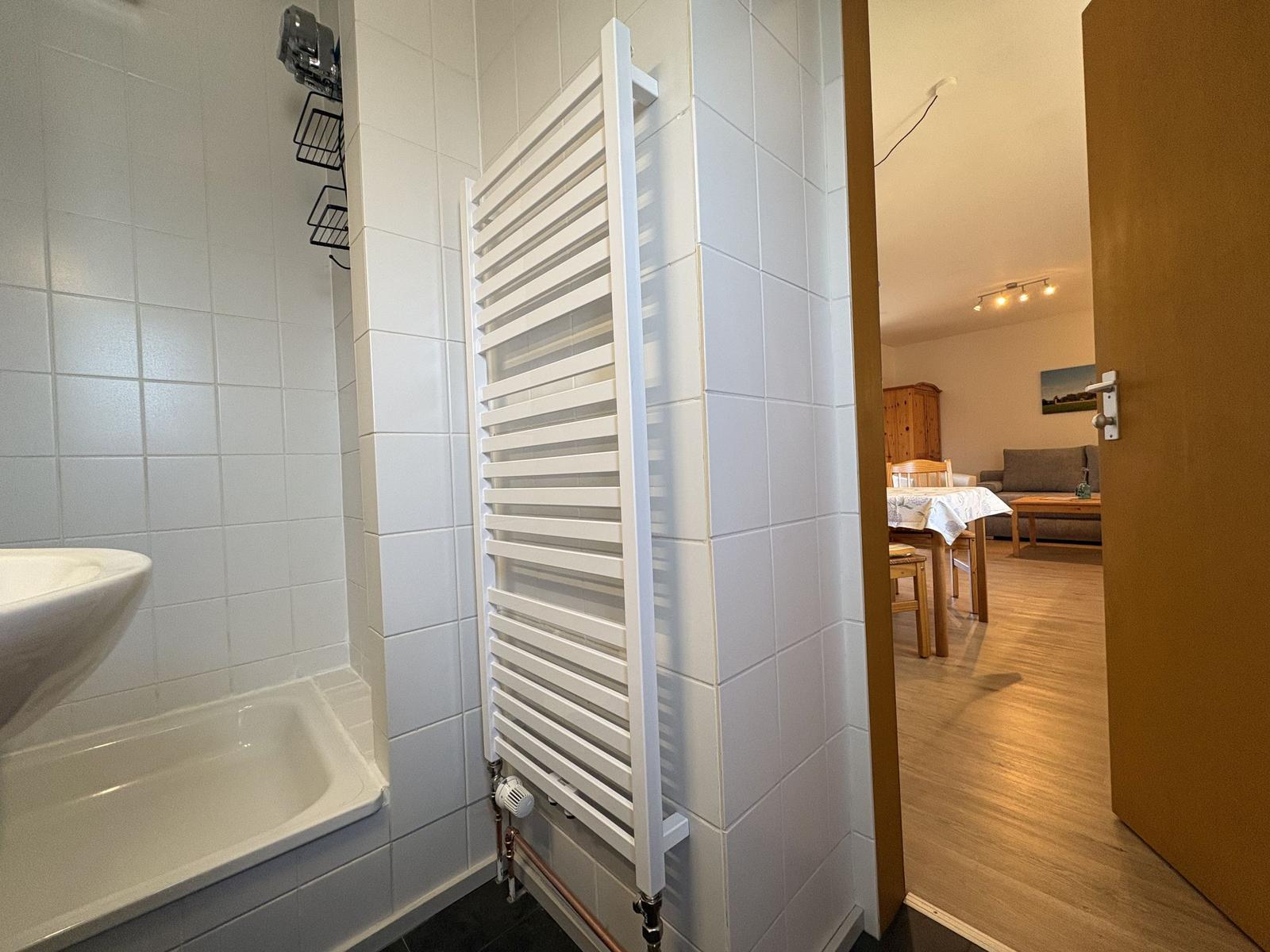 Badezimmer mit Dusche, Waschbecken und Heizkörper. Durchgang in Wohnbereich mit Tisch und Sofa.