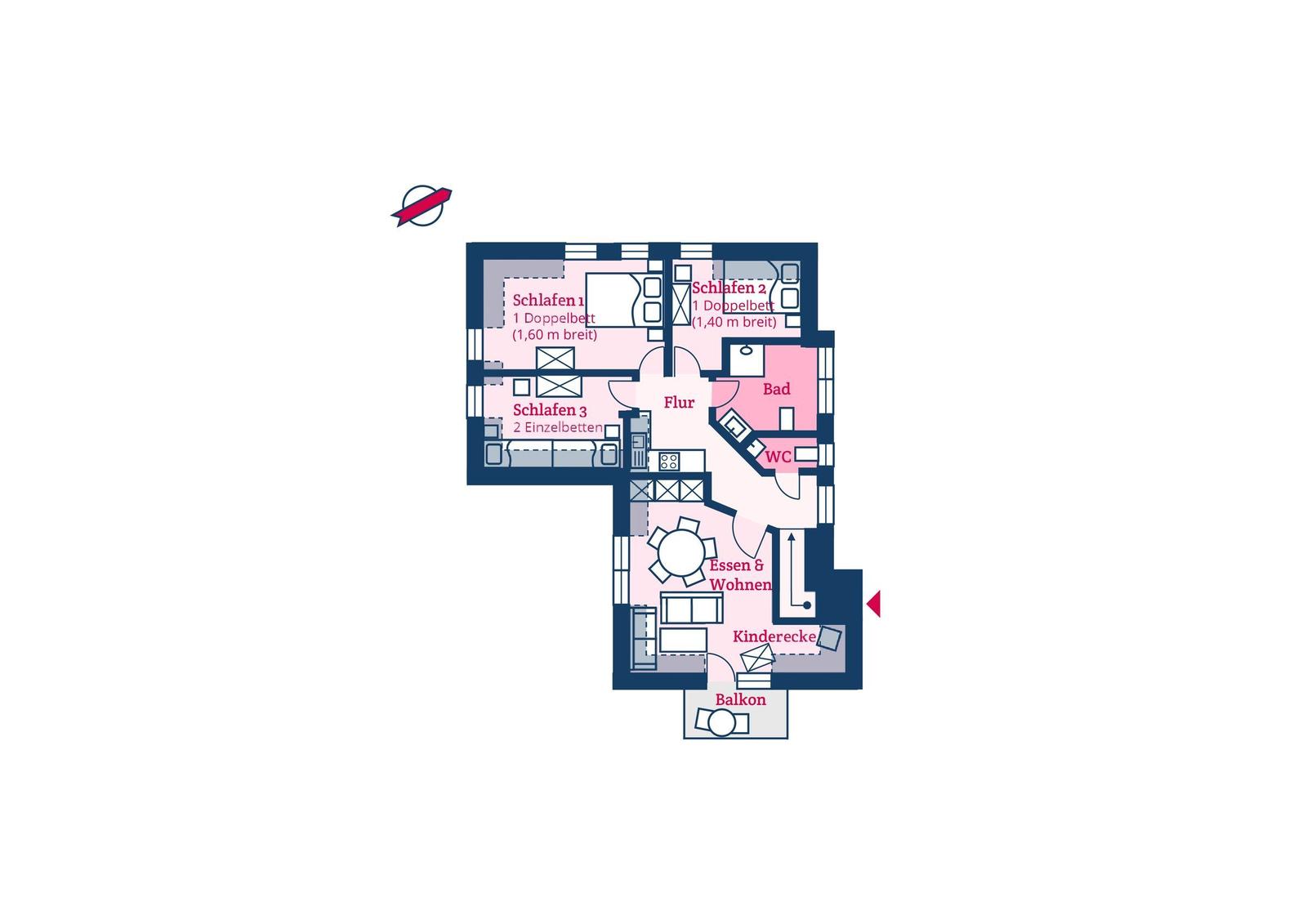Dieses Apartment hat drei Schlafzimmer, ein Bad, eine Küche und einen Balkon.