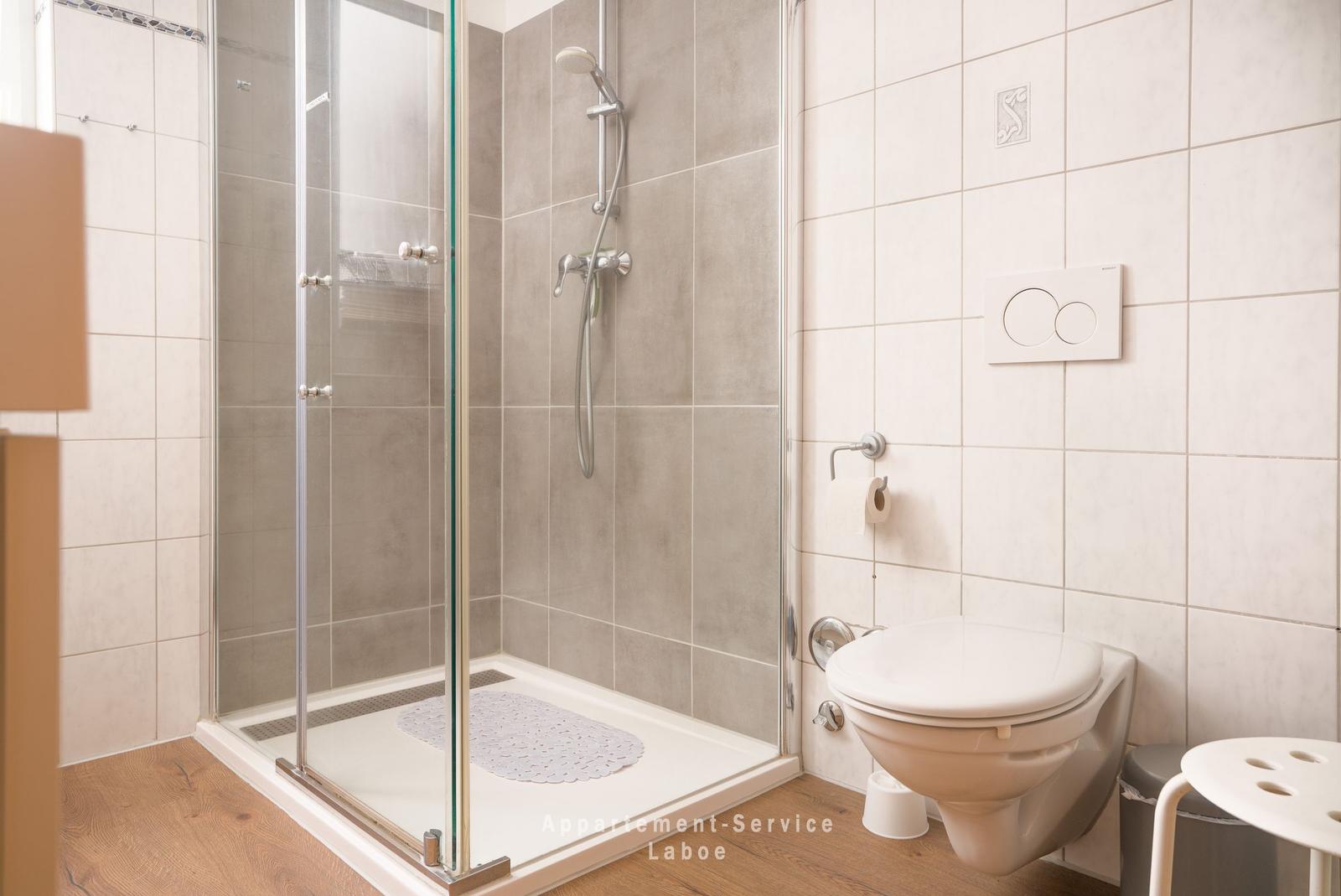 Bad mit Dusche, Toilette und Holzboden