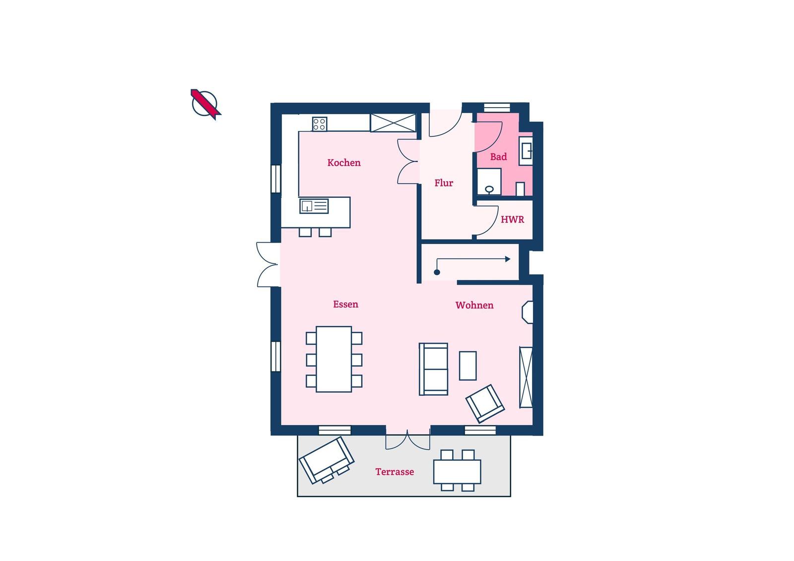 Wohnung mit Küche, Essbereich, Wohnzimmer, Bad und Terrasse.