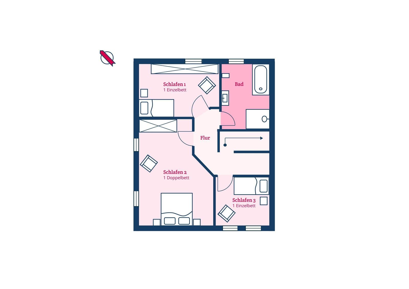 Wohnung mit drei Schlafzimmern, Bad und Flur. Zimmer 1 und 3 mit Einzelbett, Zimmer 2 mit Doppelbett.