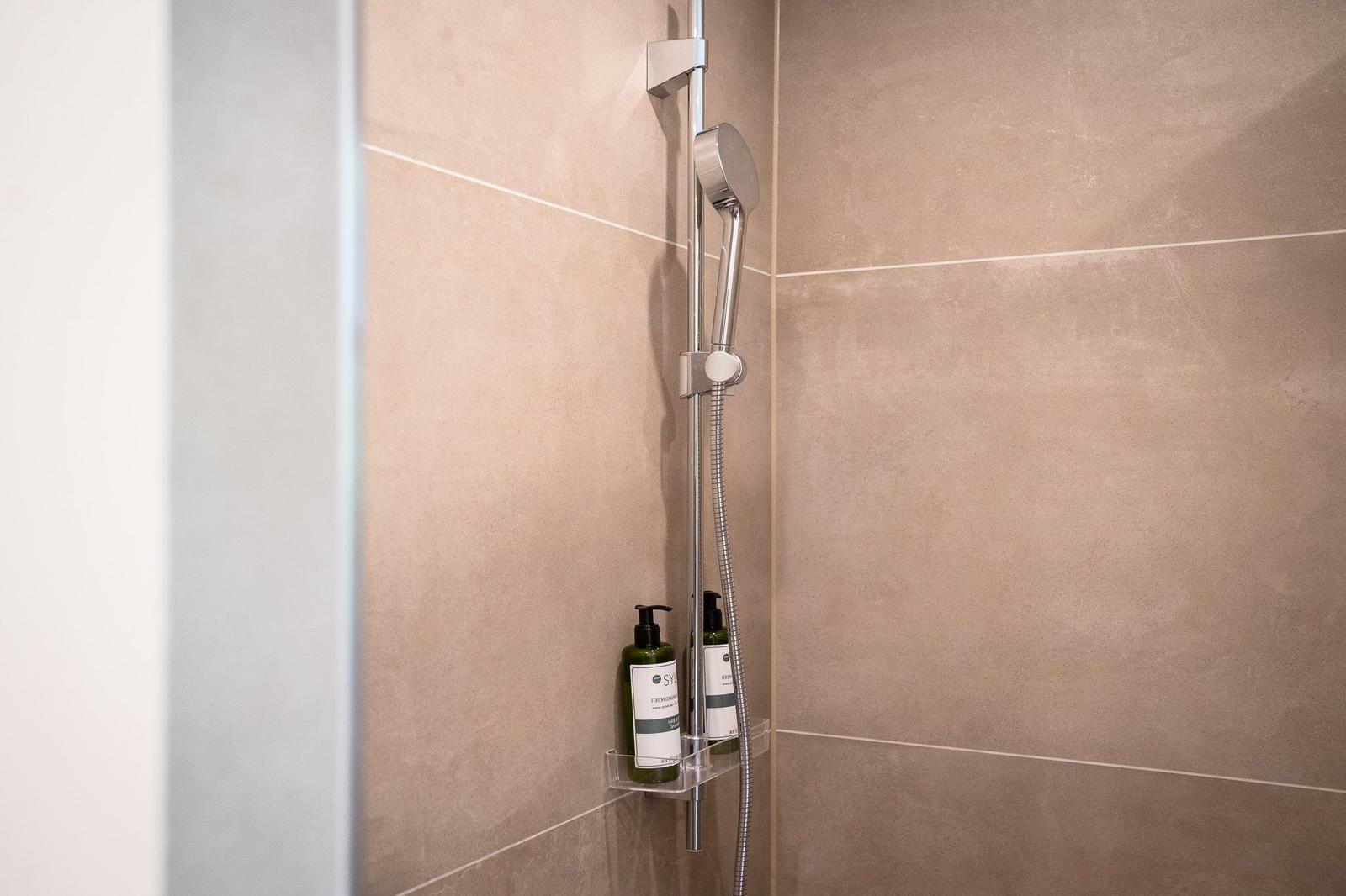 Dusche mit Handbrause und Duschgel