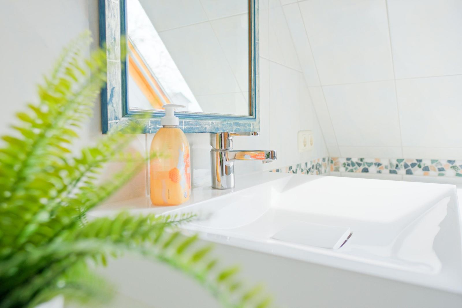 Waschbecken mit Spiegel, Seife und Pflanze in einem Badezimmer