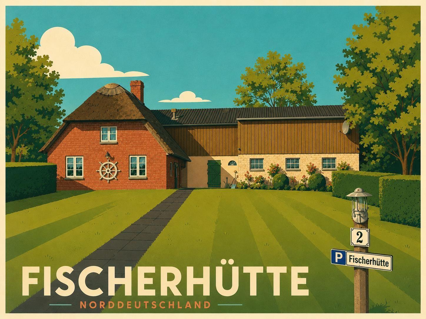 Fischerhütte mit rotem Backsteinhaus und Holzverkleidung. Grün begrünter Garten mit Weg und Straßenschild.