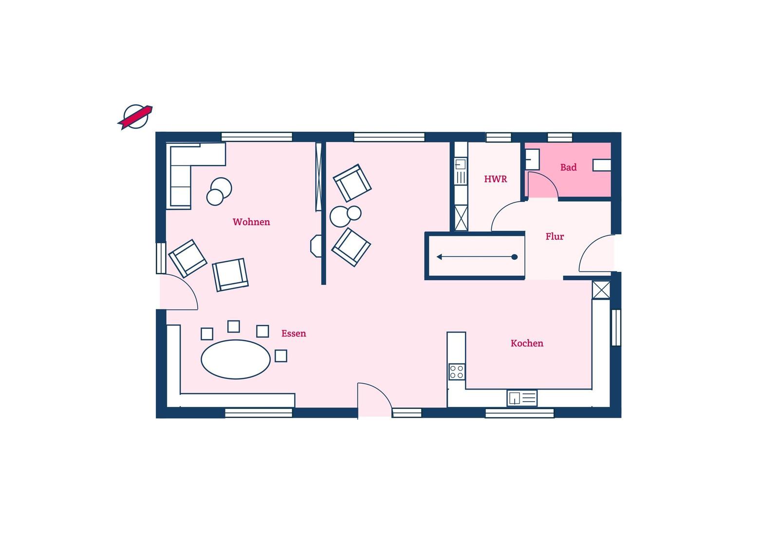 Wohnung mit Wohn- und Essbereich, Küche, Flur, Bad und HWR.