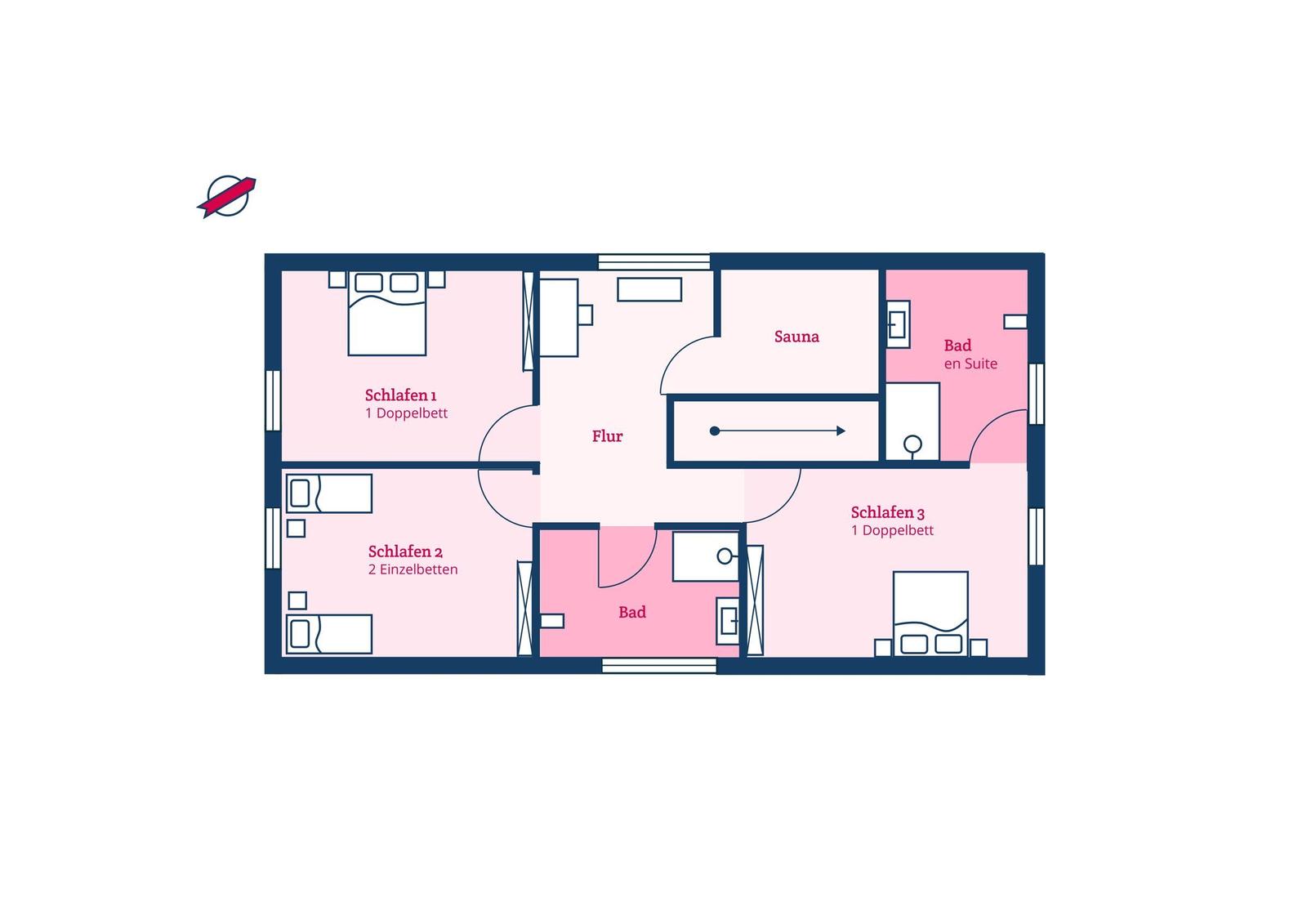 Drei Schlafzimmer, Sauna, Bad und Flur im Grundriss.