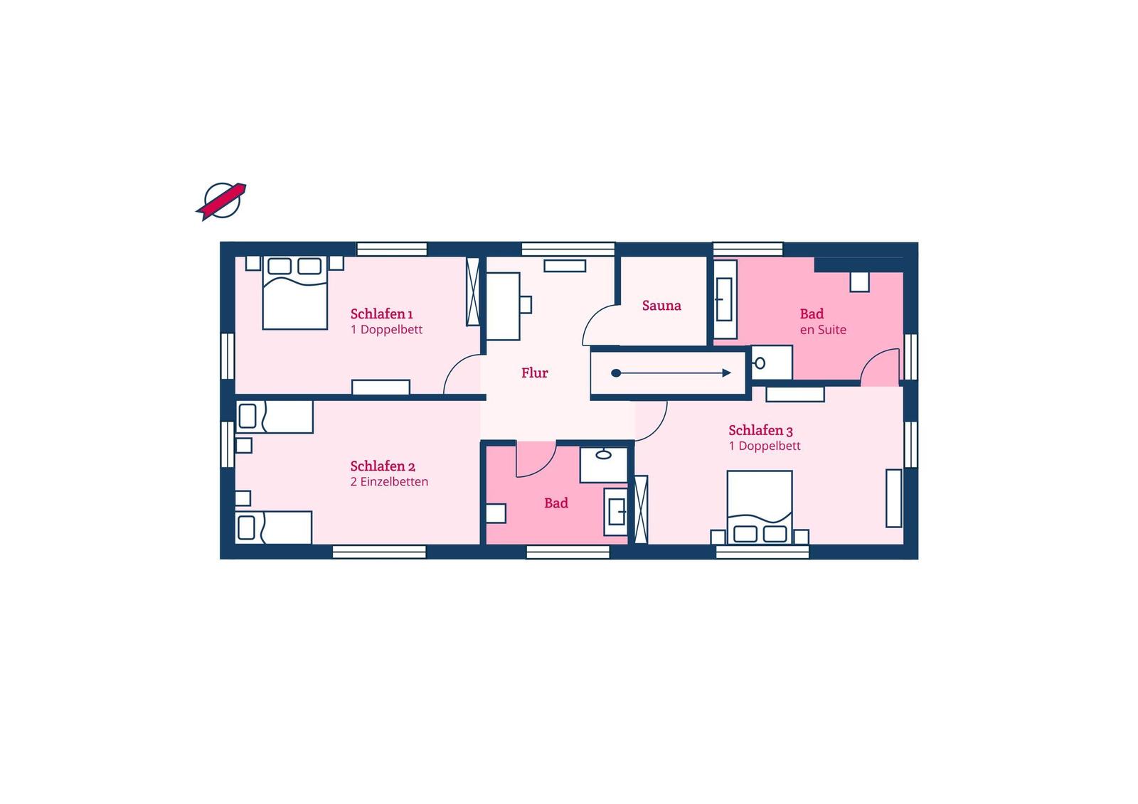 Dieses Haus hat drei Schlafzimmer, eine Sauna und zwei Badezimmer.