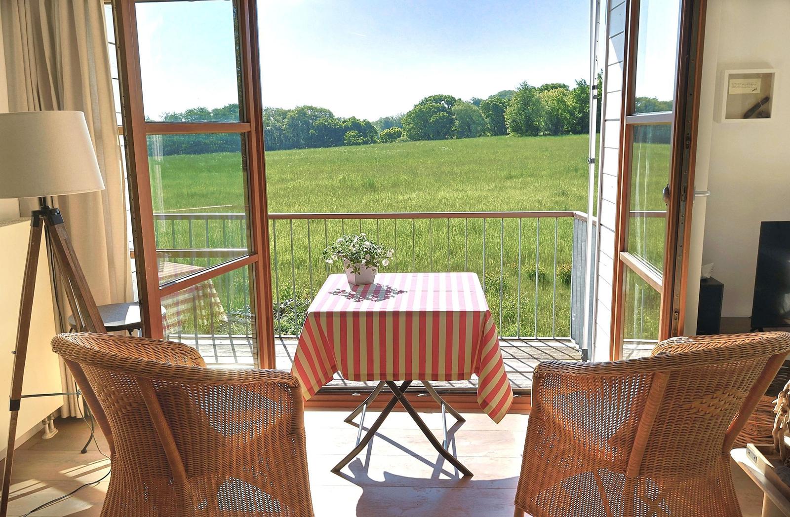 Terrasse mit Tisch und Stühlen, Blick auf grünes Feld und Bäume.