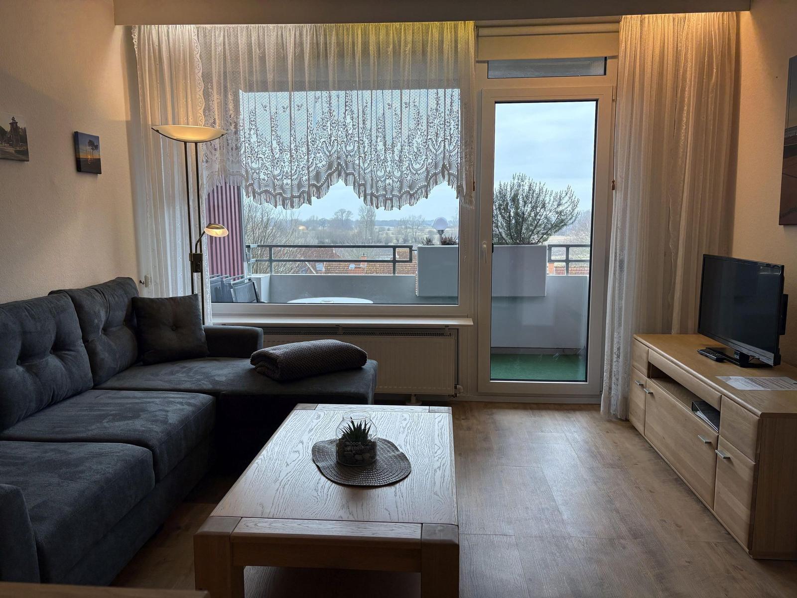 Wohnzimmer mit Sofa, Couchtisch und Balkon. Fenster mit Vorhängen. Fernseher auf Holzschrank.