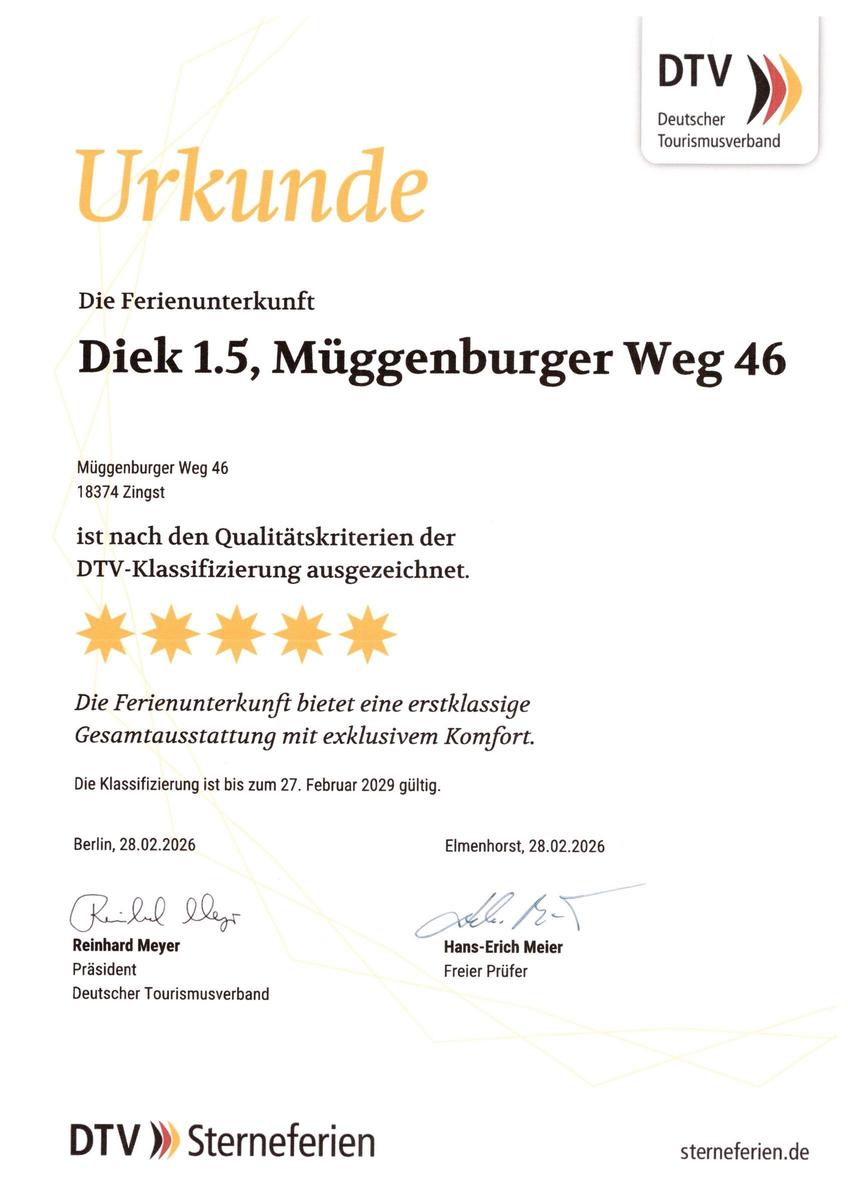 Ferienunterkunft mit DTV-Zertifikat und fünf Sternen, ausgezeichnet für exklusiven Komfort.